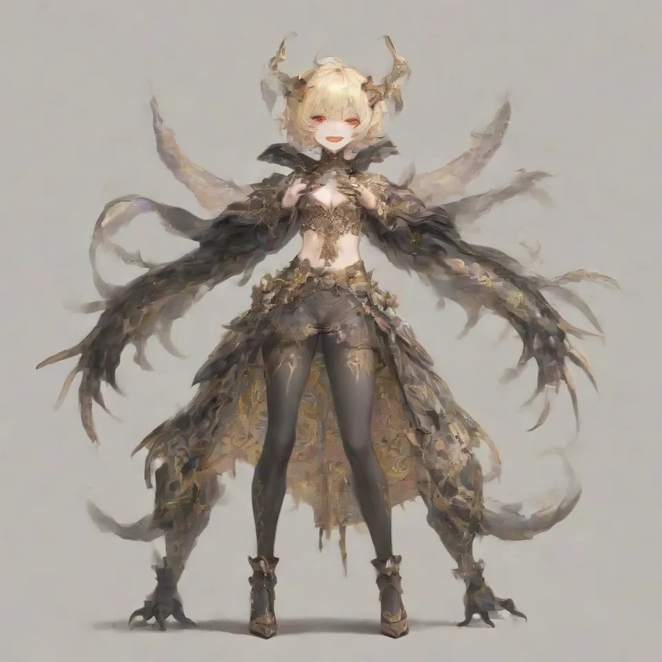 a guy, red eyes, thin silver blonde eyebrows, red and black and gold horns, a golden ring around his head, silver blonde hair, short hair, smile in glee, black wings, sharp claws, golden protrusions on the belly, black full body tights with red and gold patterns, clawed golden heels, golden bracers, black cloak from the waist, raise the right hand upward, bend the right knee, front view, full body, simple background, white_background