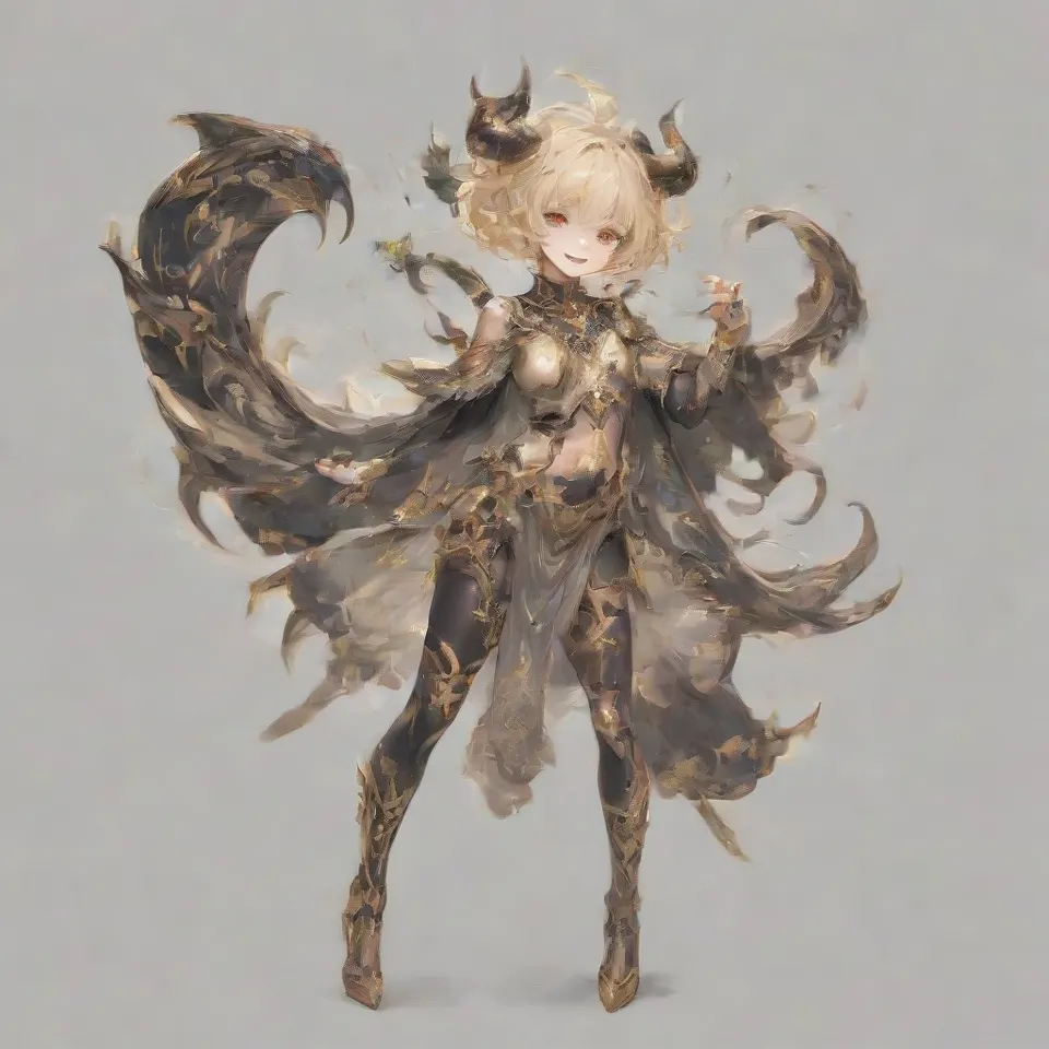 a guy, red eyes, thin silver blonde eyebrows, red and black and gold horns, a golden ring around his head, silver blonde hair, short hair, smile in glee, black wings, sharp claws, golden protrusions on the belly, black full body tights with red and gold patterns, clawed golden heels, golden bracers, black cloak from the waist, raise the right hand upward, bend the right knee, front view, full body, simple background, white_background