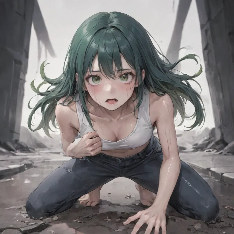 plu girl, green eyes, green eyeshadow, open the mouth, sweating, quirk a brow, dark blue-green hair with purple inner color, long hair, worried look, some parts of the body are a little dirty, blood on the right arm, white ribbed high neck sleeveless, black pants, necklace, crouch down, put the left hand on the ground, put the right hand on the chest, front view, full body, simple background, white_background