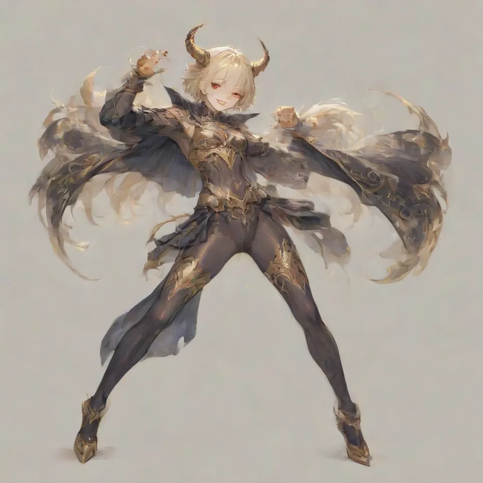 a guy, red eyes, thin silver blonde eyebrows, red and black and gold horns, a golden ring around his head, silver blonde hair, short hair, smile in glee, black wings, sharp claws, golden protrusions on the belly, black full body tights with red and gold patterns, clawed golden heels, golden bracers, black cloak from the waist, raise the right hand upward, bend the right knee, front view, full body, simple background, white_background