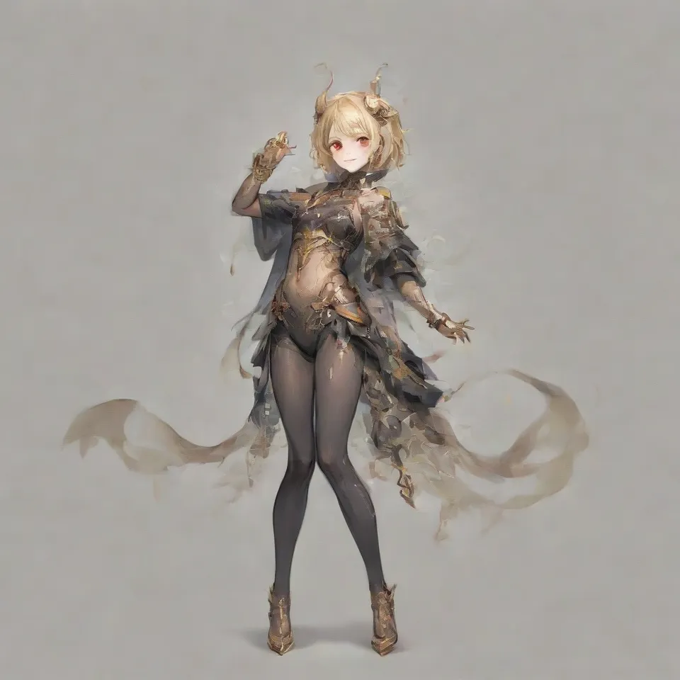 a guy, red eyes, thin silver blonde eyebrows, red and black and gold horns, a golden ring around his head, silver blonde hair, short hair, smile in glee, black wings, sharp claws, golden protrusions on the belly, black full body tights with red and gold patterns, clawed golden heels, golden bracers, black cloak from the waist, raise the right hand upward, bend the right knee, front view, full body, simple background, white_background