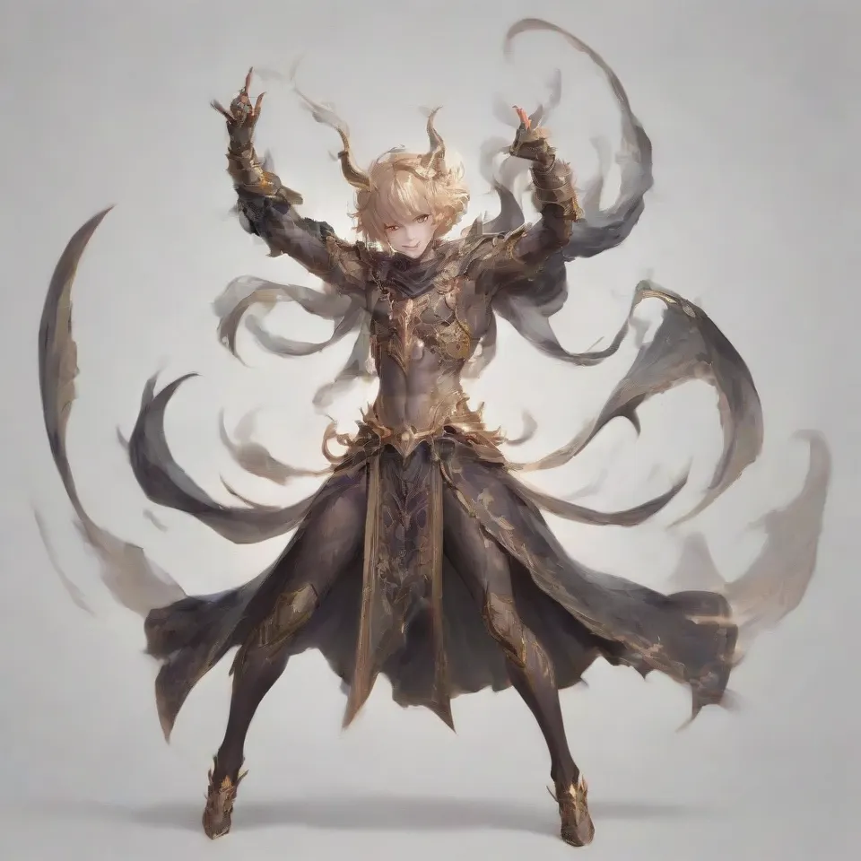 a guy, red eyes, thin silver blonde eyebrows, red and black and gold horns, a golden ring around his head, silver blonde hair, short hair, smile in glee, black wings, sharp claws, golden protrusions on the belly, black full body tights with red and gold patterns, clawed golden heels, golden bracers, black cloak from the waist, raise the right hand upward, bend the right knee, front view, full body, simple background, white_background