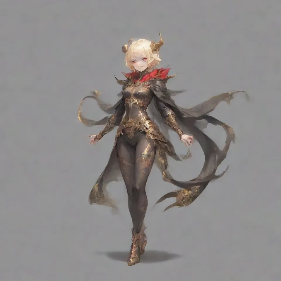 a guy, red eyes, thin silver blonde eyebrows, red and black and gold horns, a golden ring around his head, silver blonde hair, short hair, smile in glee, black wings, sharp claws, golden protrusions on the belly, black full body tights with red and gold patterns, clawed golden heels, golden bracers, black cloak from the waist, raise the right hand upward, bend the right knee, front view, full body, simple background, white_background