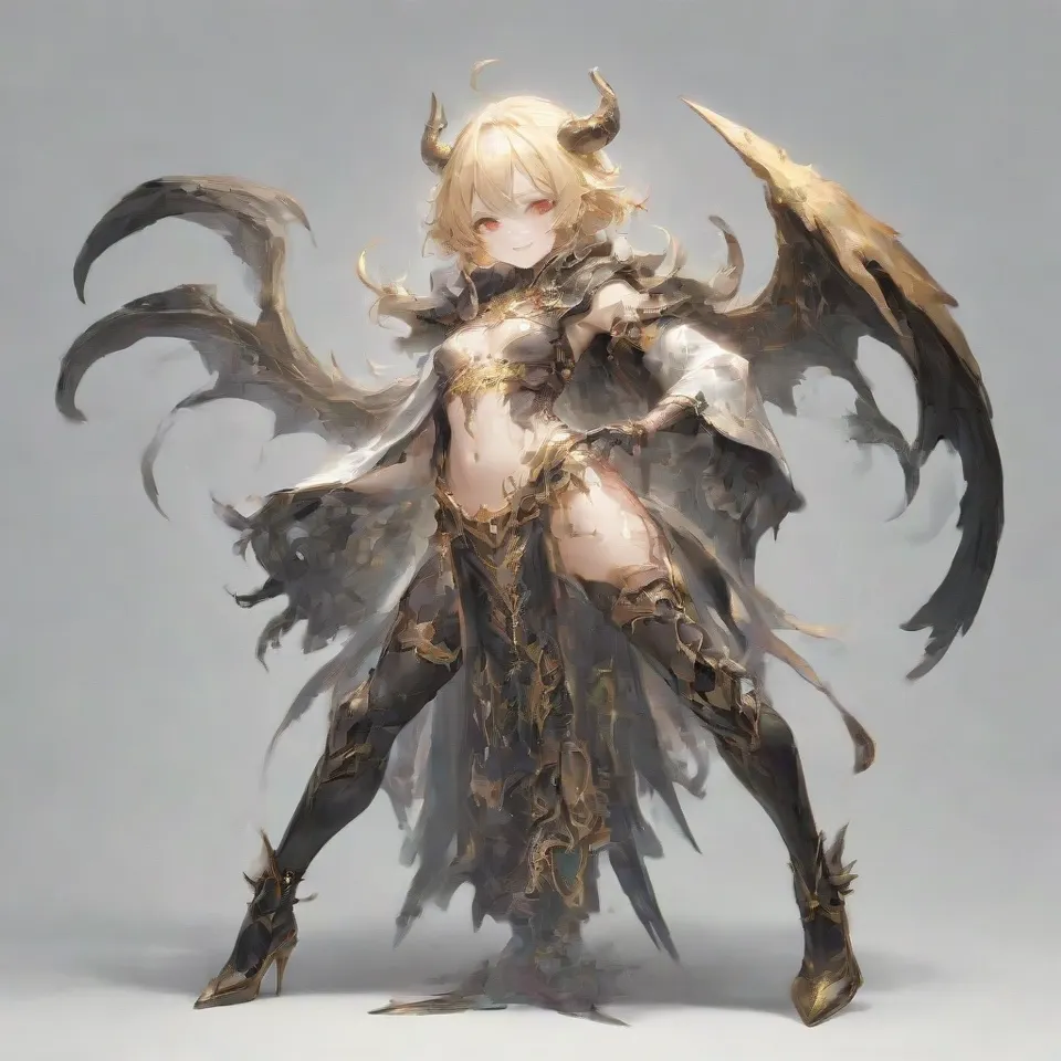 a guy, red eyes, thin silver blonde eyebrows, red and black and gold horns, a golden ring around his head, silver blonde hair, short hair, smile in glee, black wings, sharp claws, golden protrusions on the belly, black full body tights with red and gold patterns, clawed golden heels, golden bracers, black cloak from the waist, raise the right hand upward, bend the right knee, front view, full body, simple background, white_background