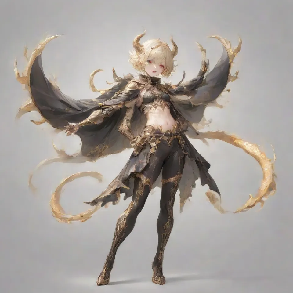 a guy, red eyes, thin silver blonde eyebrows, red and black and gold horns, a golden ring around his head, silver blonde hair, short hair, smile in glee, black wings, sharp claws, golden protrusions on the belly, black full body tights with red and gold patterns, clawed golden heels, golden bracers, black cloak from the waist, raise the right hand upward, bend the right knee, front view, full body, simple background, white_background
