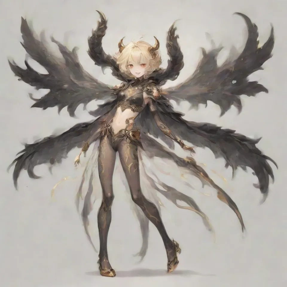 a guy, red eyes, thin silver blonde eyebrows, red and black and gold horns, a golden ring around his head, silver blonde hair, short hair, smile in glee, black wings, sharp claws, golden protrusions on the belly, black full body tights with red and gold patterns, clawed golden heels, golden bracers, black cloak from the waist, raise the right hand upward, bend the right knee, front view, full body, simple background, white_background