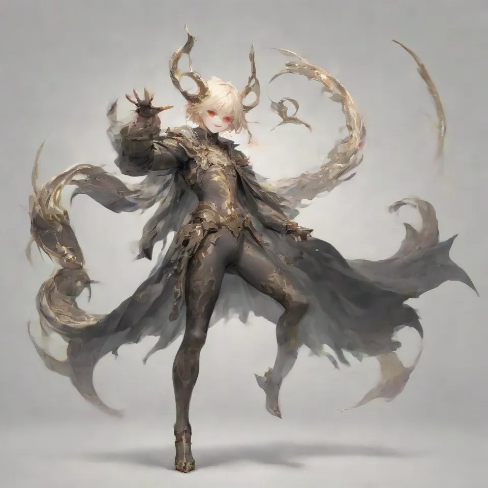 a guy, red eyes, thin silver blonde eyebrows, red and black and gold horns, a golden ring around his head, silver blonde hair, short hair, smile in glee, black wings, sharp claws, golden protrusions on the belly, black full body tights with red and gold patterns, clawed golden heels, golden bracers, black cloak from the waist, raise the right hand upward, bend the right knee, front view, full body, simple background, white_background