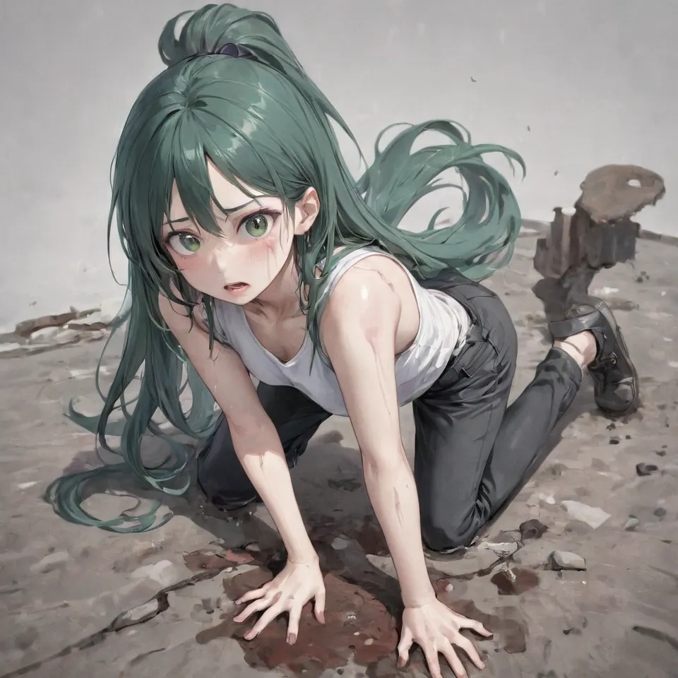 plu girl, green eyes, green eyeshadow, open the mouth, sweating, quirk a brow, dark blue-green hair with purple inner color, long hair, worried look, some parts of the body are a little dirty, blood on the right arm, white ribbed high neck sleeveless, black pants, necklace, crouch down, put the left hand on the ground, put the right hand on the chest, front view, full body, simple background, white_background