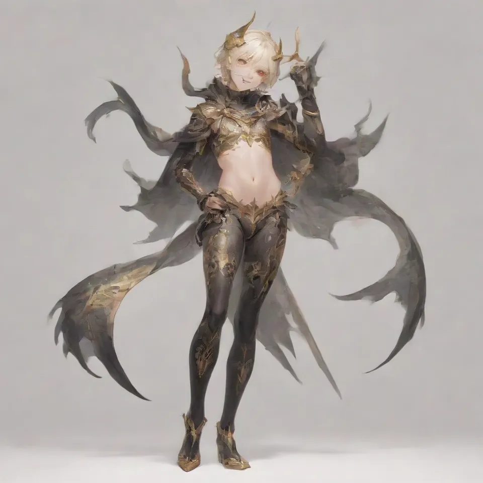 a guy, red eyes, thin silver blonde eyebrows, red and black and gold horns, a golden ring around his head, silver blonde hair, short hair, smile in glee, black wings, sharp claws, golden protrusions on the belly, black full body tights with red and gold patterns, clawed golden heels, golden bracers, black cloak from the waist, raise the right hand upward, bend the right knee, front view, full body, simple background, white_background