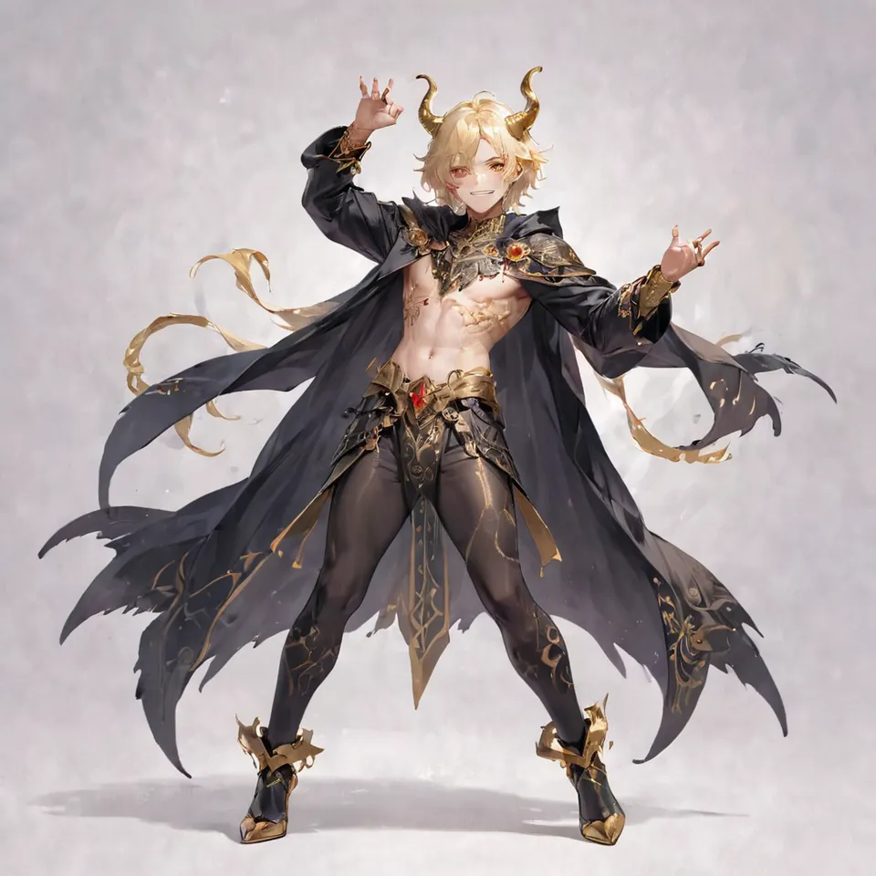 a guy, red eyes, thin silver blonde eyebrows, red and black and gold horns, a golden ring around his head, silver blonde hair, short hair, smile in glee, black wings, sharp claws, golden protrusions on the belly, black full body tights with red and gold patterns, clawed golden heels, golden bracers, black cloak from the waist, raise the right hand upward, bend the right knee, front view, full body, simple background, white_background