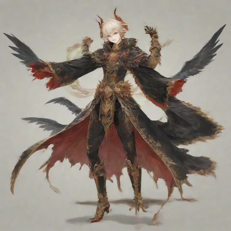 a guy, red eyes, thin silver blonde eyebrows, red and black and gold horns, a golden ring around his head, silver blonde hair, short hair, smile in glee, black wings, sharp claws, golden protrusions on the belly, black full body tights with red and gold patterns, clawed golden heels, golden bracers, black cloak from the waist, raise the right hand upward, bend the right knee, front view, full body, simple background, white_background
