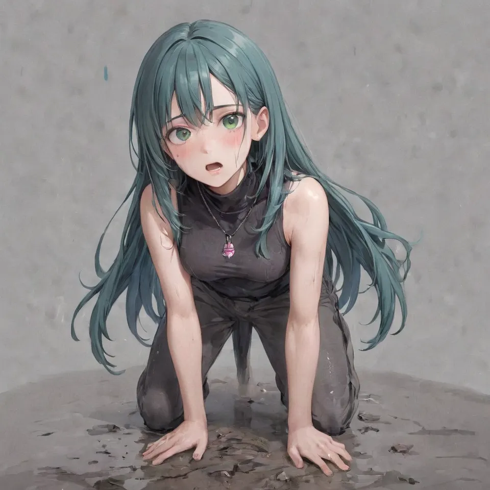 plu girl, green eyes, green eyeshadow, open the mouth, sweating, quirk a brow, dark blue-green hair with purple inner color, long hair, worried look, some parts of the body are a little dirty, blood on the right arm, white ribbed high neck sleeveless, black pants, necklace, crouch down, put the left hand on the ground, put the right hand on the chest, front view, full body, simple background, white_background