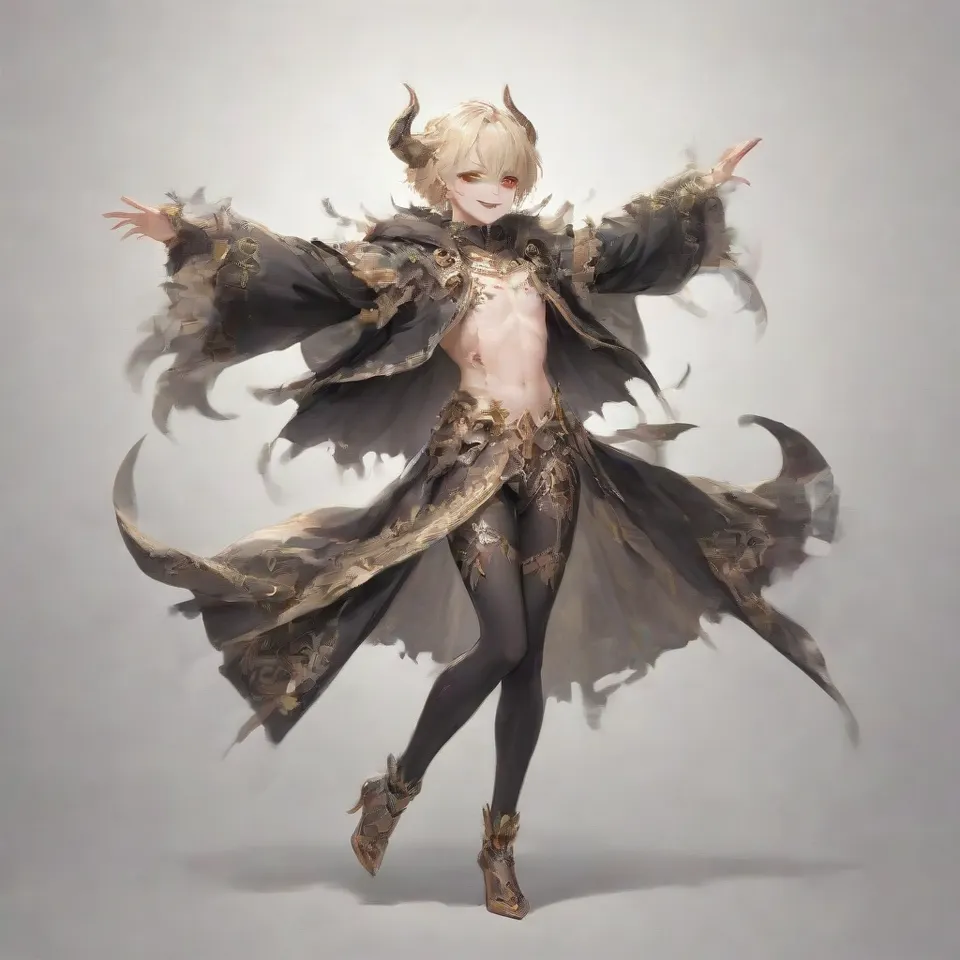 a guy, red eyes, thin silver blonde eyebrows, red and black and gold horns, a golden ring around his head, silver blonde hair, short hair, smile in glee, black wings, sharp claws, golden protrusions on the belly, black full body tights with red and gold patterns, clawed golden heels, golden bracers, black cloak from the waist, raise the right hand upward, bend the right knee, front view, full body, simple background, white_background