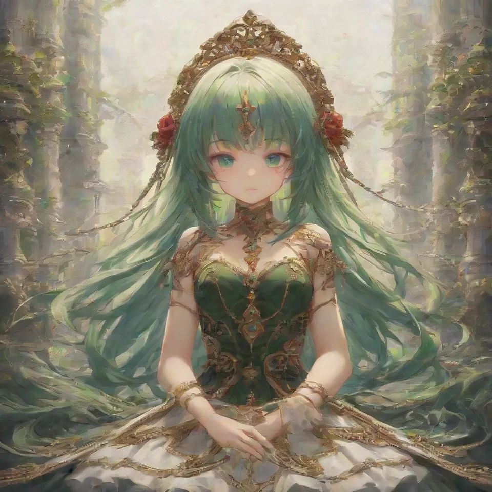 a girl, green hair, long hair, green eyes