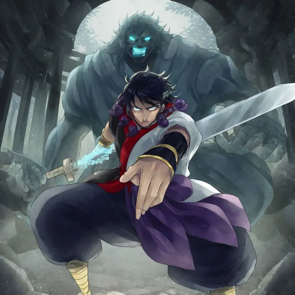 Anime-style taste. Susanoo in battle. A scene of him about to slash with a sword. The sword is glowing pale blue. His expression is fierce. The background is an abandoned shrine, and the background tone is dark.