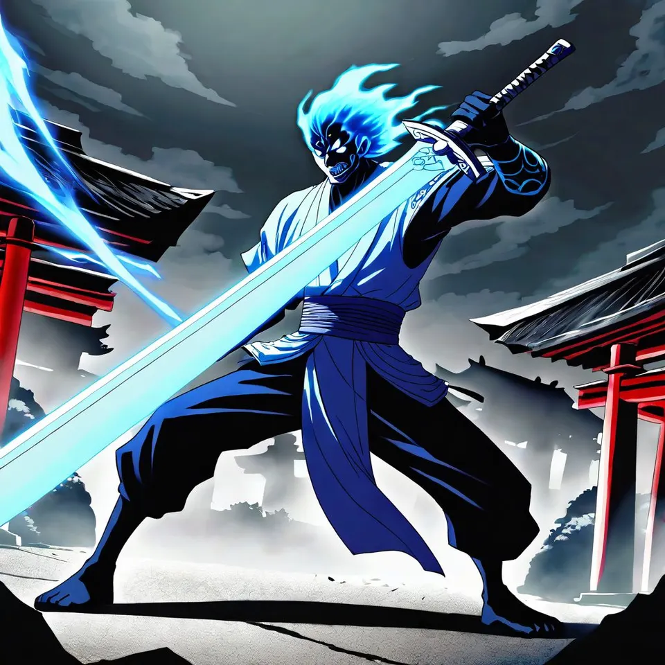 Anime-style taste. Susanoo in battle. A scene of him about to slash with a sword. The sword is glowing pale blue. His expression is fierce. The background is an abandoned shrine, and the background tone is dark.