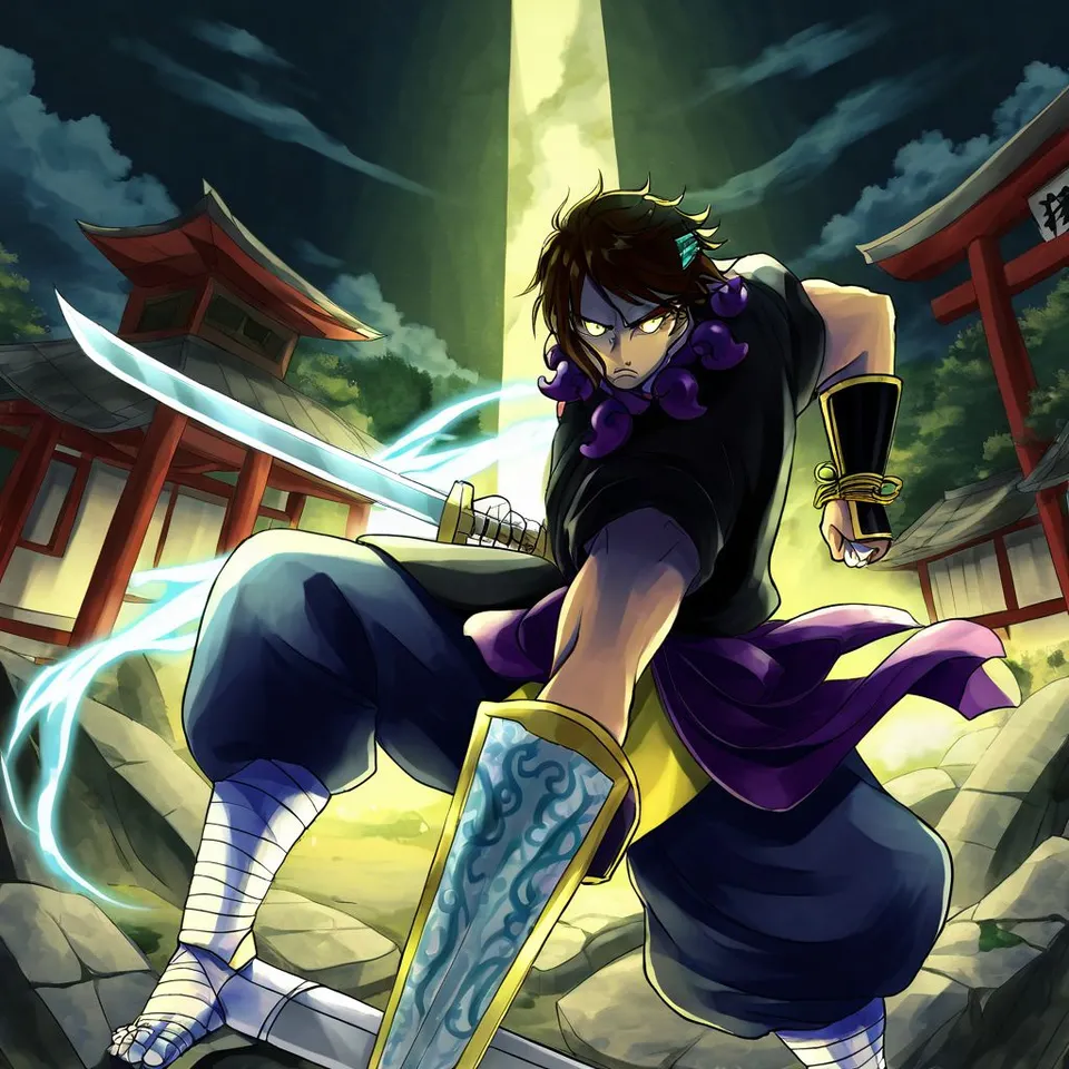 Anime-style taste. Susanoo in battle. A scene of him about to slash with a sword. The sword is glowing pale blue. His expression is fierce. The background is an abandoned shrine, and the background tone is dark.