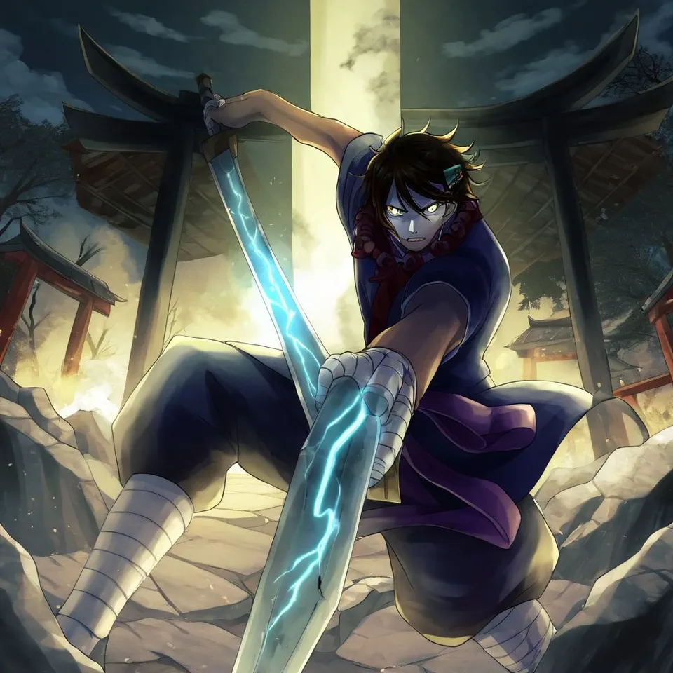 Anime-style taste. Susanoo in battle. A scene of him about to slash with a sword. The sword is glowing pale blue. His expression is fierce. The background is an abandoned shrine, and the background tone is dark.