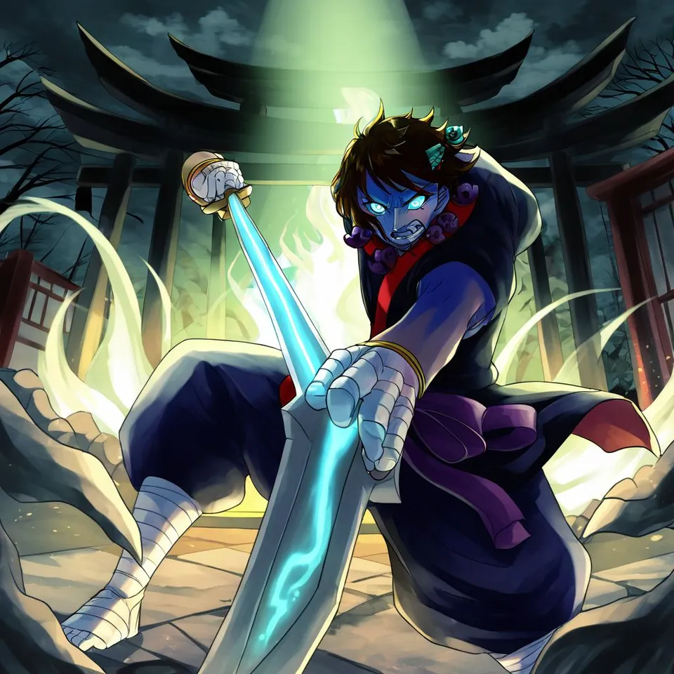 Anime-style taste. Susanoo in battle. A scene of him about to slash with a sword. The sword is glowing pale blue. His expression is fierce. The background is an abandoned shrine, and the background tone is dark.