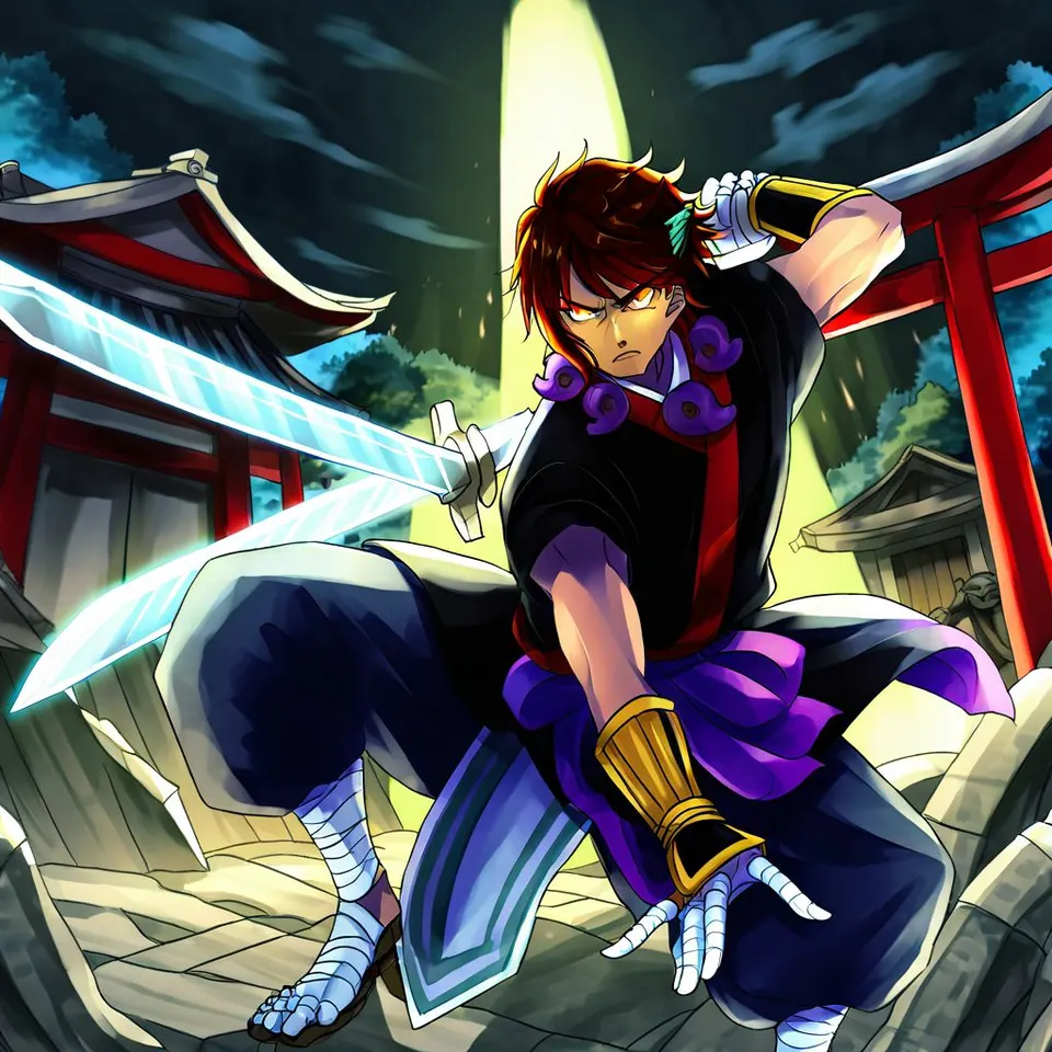 Anime-style taste. Susanoo in battle. A scene of him about to slash with a sword. The sword is glowing pale blue. His expression is fierce. The background is an abandoned shrine, and the background tone is dark.