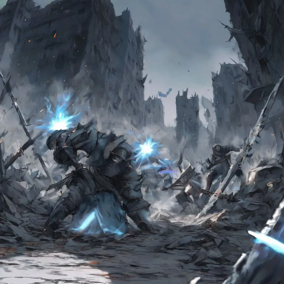 A battle scene. The sword is glowing pale blue. The expression is furious. The background is ruins.