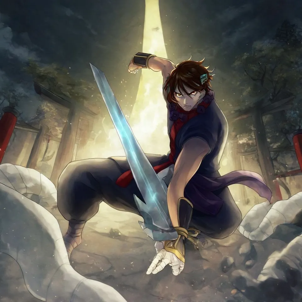 Anime-style taste. Susanoo in battle. A scene of him about to slash with a sword. The sword is glowing pale blue. His expression is fierce. The background is an abandoned shrine, and the background tone is dark.