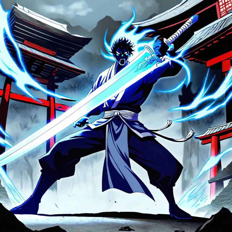 Anime-style taste. Susanoo in battle. A scene of him about to slash with a sword. The sword is glowing pale blue. His expression is fierce. The background is an abandoned shrine, and the background tone is dark.