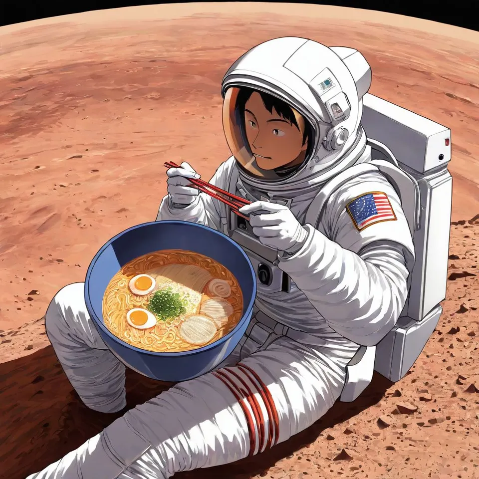 a man eating ramen on Mars