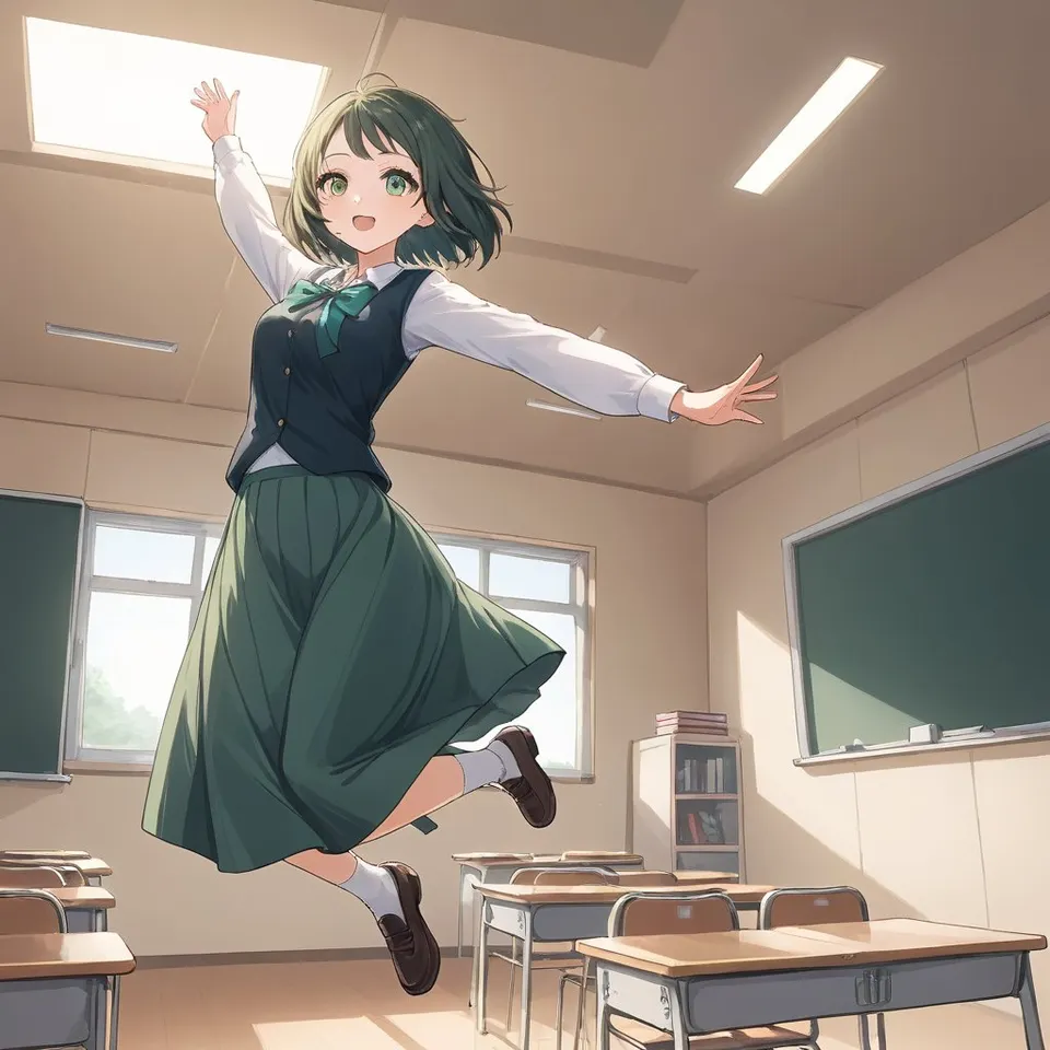 教室で飛ぶ女性