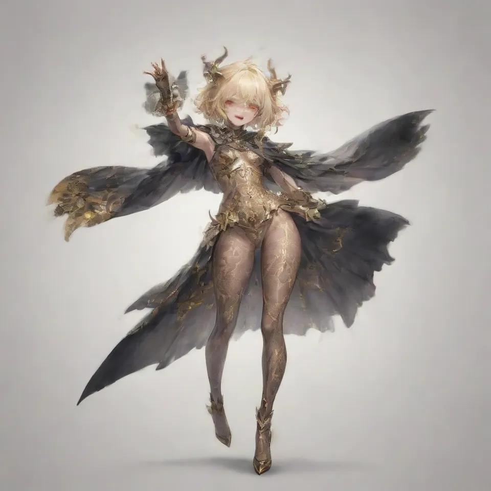 a guy, red eyes, thin silver blonde eyebrows, red and black and gold horns, a golden ring around his head, silver blonde hair, short hair, smile in glee, black wings, sharp claws, golden protrusions on the belly, black full body tights with red and gold patterns, clawed golden heels, golden bracers, black cloak from the waist, raise the right hand upward, bend the right knee, front view, full body, simple background, white_background